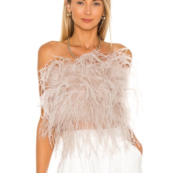 Lamarque Tops - Lamarque Zaina Blush Feathered Off-Shoulder Crop Top